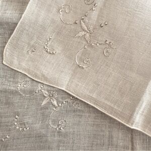 Antique Hand Embroidered Sheer Off-White Linen Handkerchief